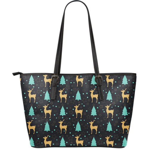 Deers Star Tree Pattern Large Leather Tote Bag