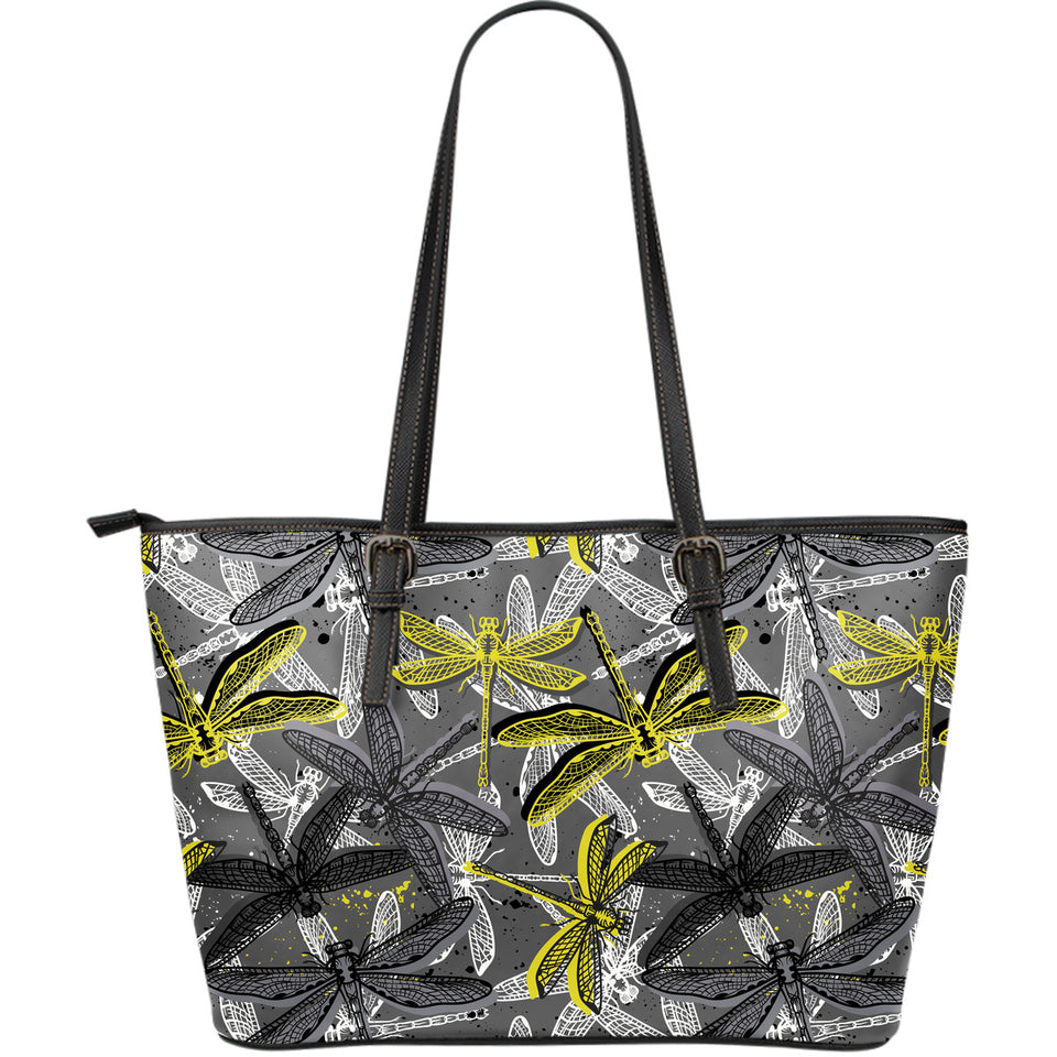 Hand Drawn Dragonfly Pattern Large Leather Tote Bag
