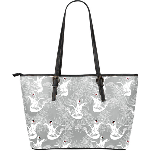 White Swan Gray Background Large Leather Tote Bag