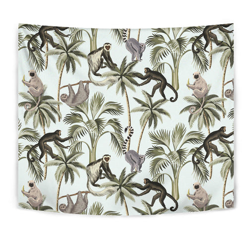 Monkey Sloth Lemur Palm Trees Pattern Wall Tapestry