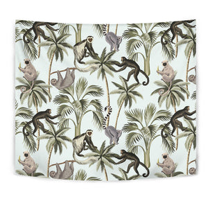 Monkey Sloth Lemur Palm Trees Pattern Wall Tapestry