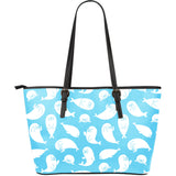 Cute White Sea Lion Seals Pattern Large Leather Tote Bag