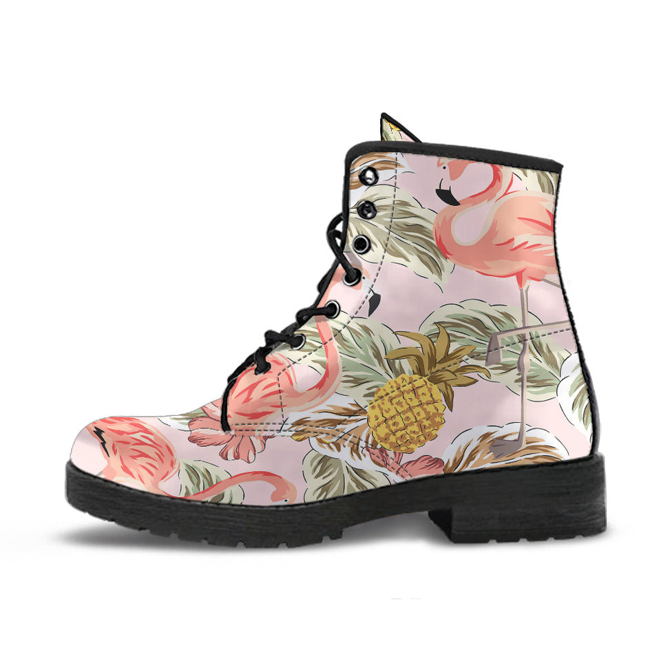 Pink Flamingo Birds Pineapples Hibiscus Flower Pattern Leather Boots