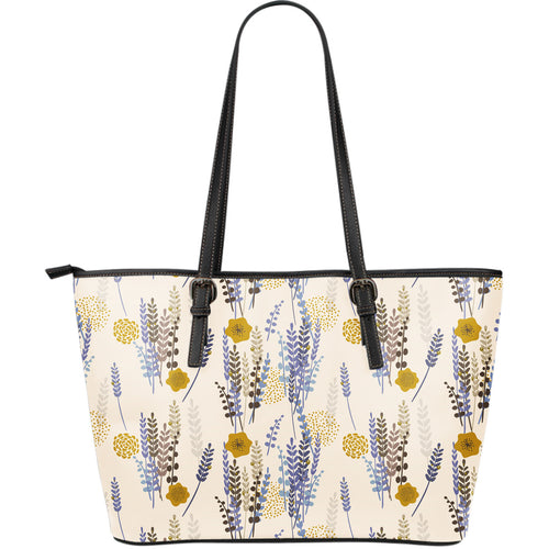 Lavender Modern Pattern Blackground Large Leather Tote Bag