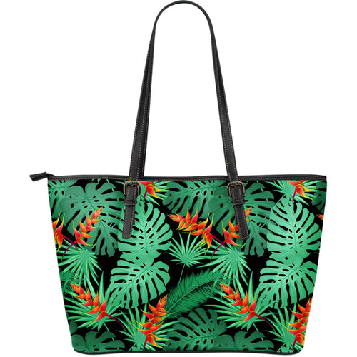 Heliconia Flower Palm Monstera Leaves Black Background Large Leather Tote Bag