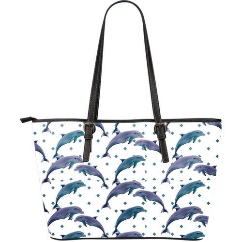 Dolphins Pattern Dotted Background Large Leather Tote Bag