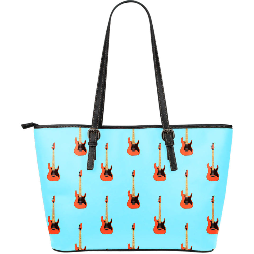 Electric Guitar Pattern Light Blue Background Large Leather Tote Bag