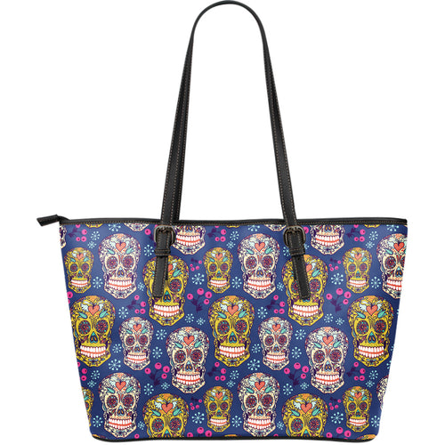 Sugar Skull Flower Pattern Large Leather Tote Bag