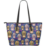 Sugar Skull Flower Pattern Large Leather Tote Bag
