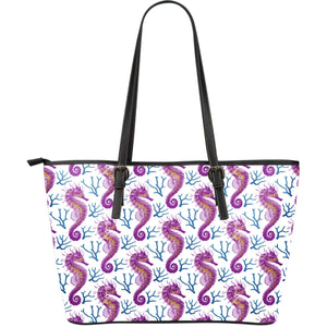 Purple Seahorse Blue Coral Pattern Large Leather Tote Bag