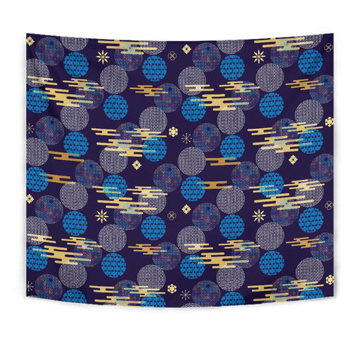 Blue Japanese Pattern Cloud Wave Flower Wall Tapestry