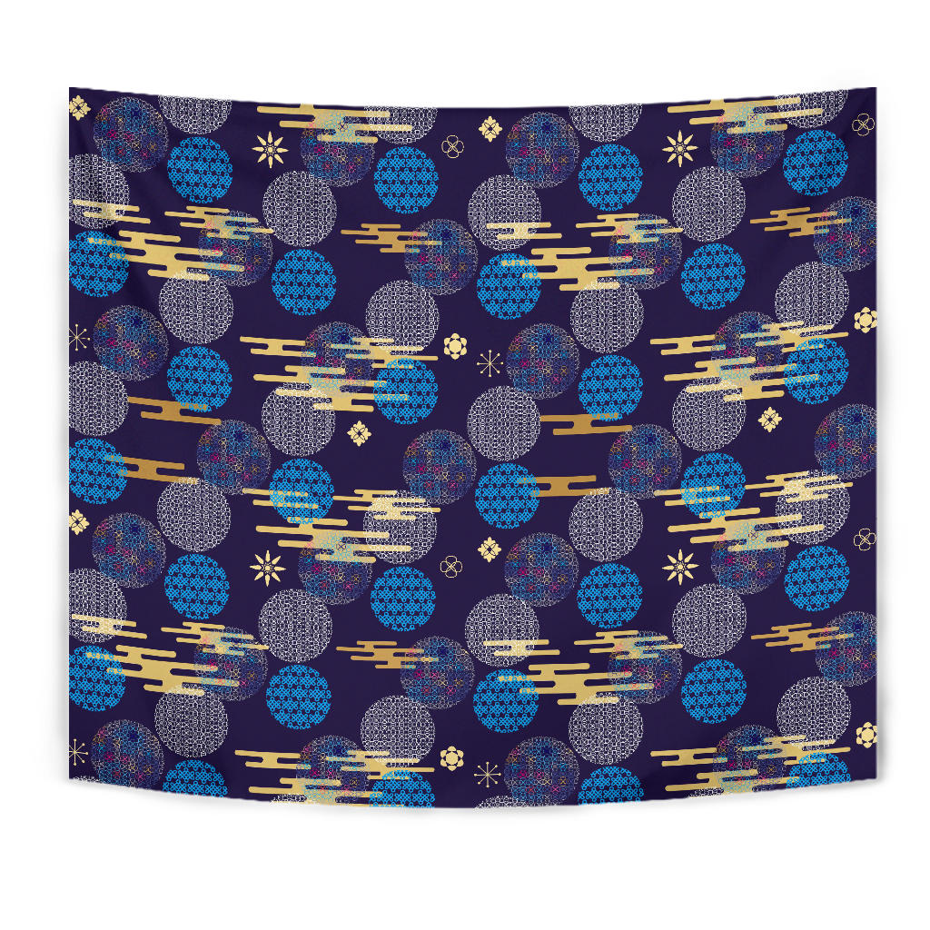 Blue Japanese Pattern Cloud Wave Flower Wall Tapestry