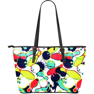 Watercolor Bowling Ball Pins Large Leather Tote Bag