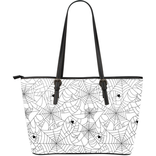 Spider Web Cobweb Pattern White Background Large Leather Tote Bag