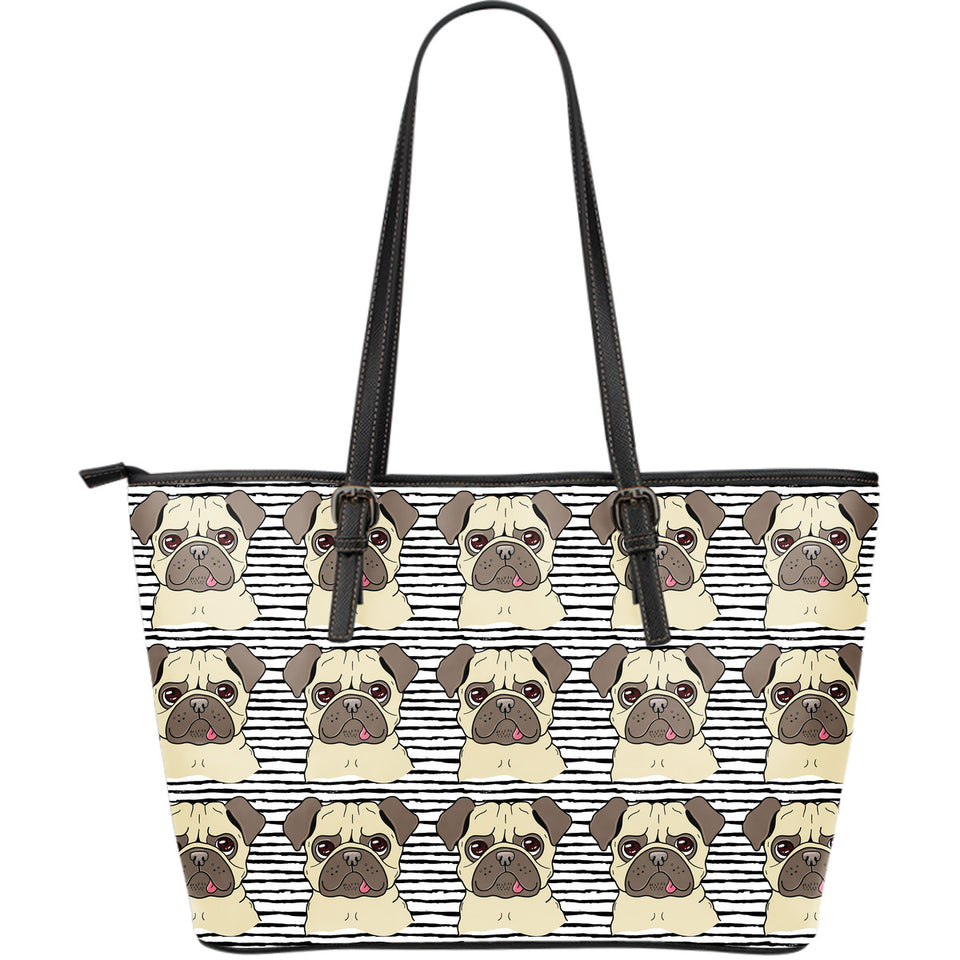 Happy Pug Pattern Large Leather Tote Bag