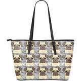 Happy Pug Pattern Large Leather Tote Bag
