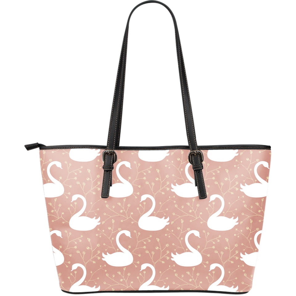 Swan Flower Light Pink Background Large Leather Tote Bag