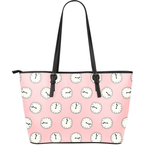 Clock Pattern Pink Blackground Large Leather Tote Bag