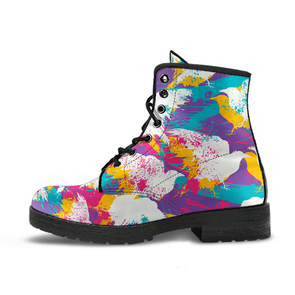 Colorful Crow Illustration Pattern Leather Boots