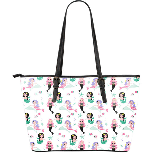 Cute Mermaid Dolphin Fish Starfish Pattern Large Leather Tote Bag
