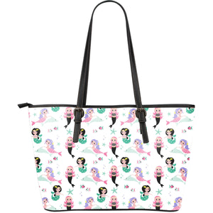 Cute Mermaid Dolphin Fish Starfish Pattern Large Leather Tote Bag