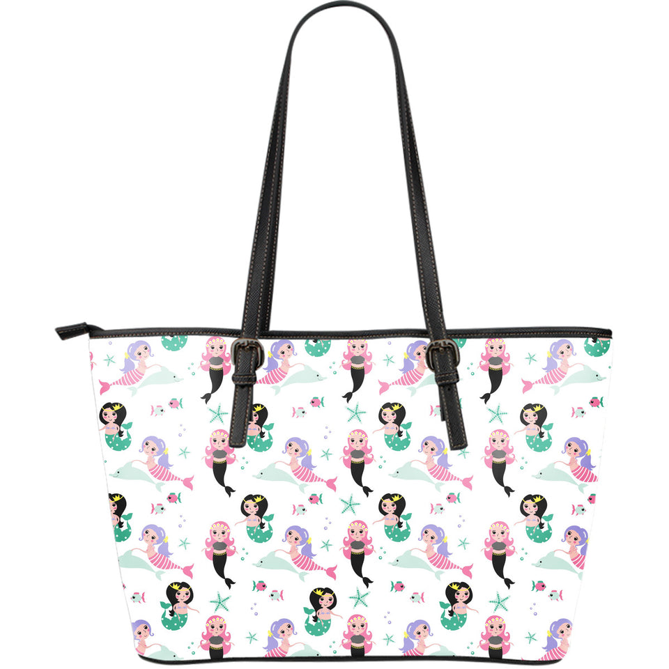 Cute Mermaid Dolphin Fish Starfish Pattern Large Leather Tote Bag
