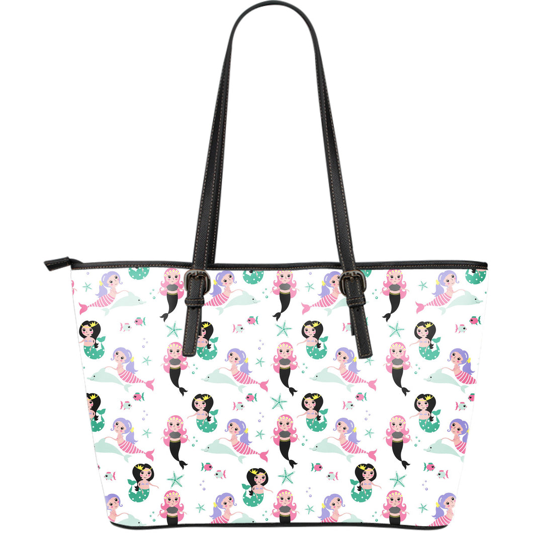 Cute Mermaid Dolphin Fish Starfish Pattern Large Leather Tote Bag