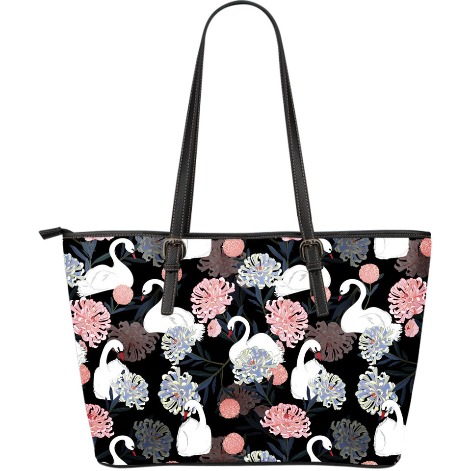 White Swan Blooming Flower Pattern Large Leather Tote Bag