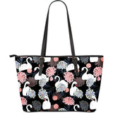 White Swan Blooming Flower Pattern Large Leather Tote Bag