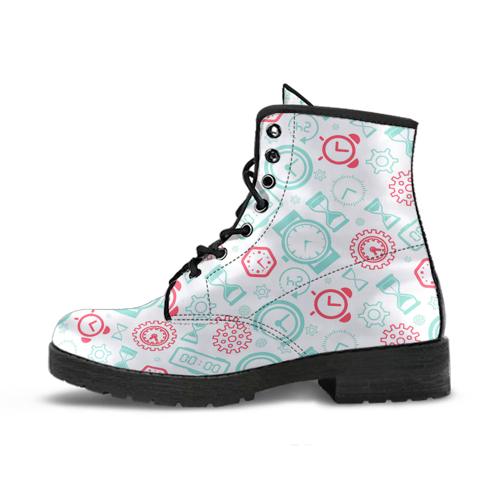 Clock Time Pattern Blackground Leather Boots