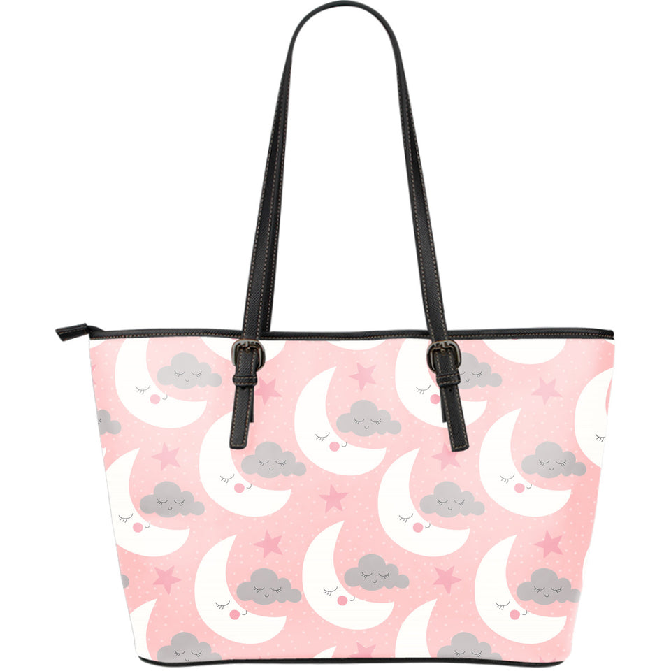 Cute Moon Cloud Star Pattern Pink Dot Background Large Leather Tote Bag