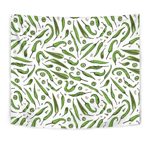 Hand Drawn Sketch Style Green Chili Peppers Pattern Wall Tapestry
