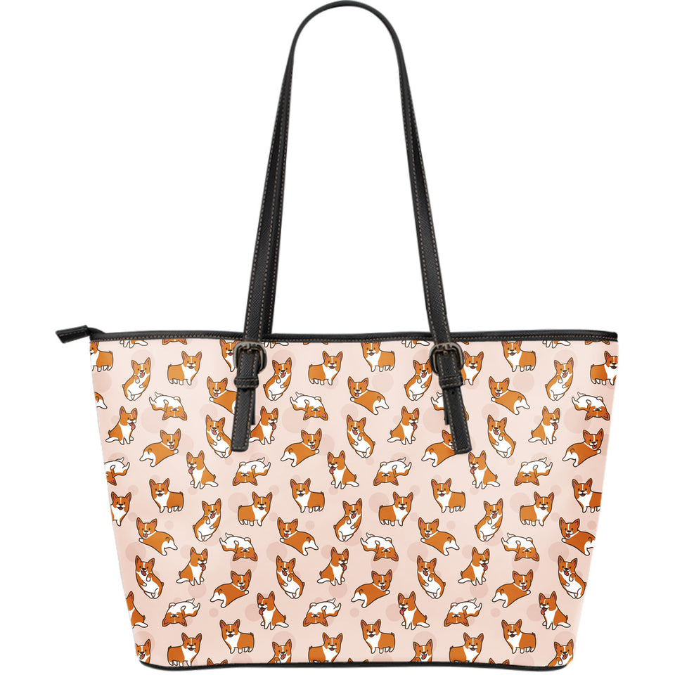 Cute Corgis Pattern Pink Background Large Leather Tote Bag