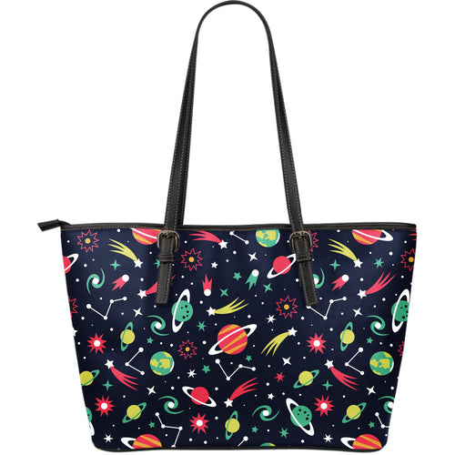 Colorful Space Pattern Planet Star Large Leather Tote Bag