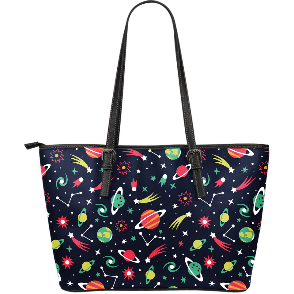 Colorful Space Pattern Planet Star Large Leather Tote Bag