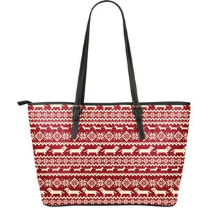 Dachshund Nordic Pattern Large Leather Tote Bag