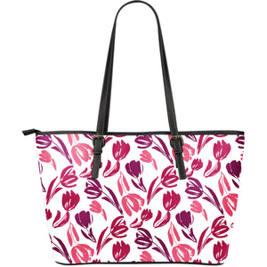 Pink Sketch Tulip Pattern Large Leather Tote Bag
