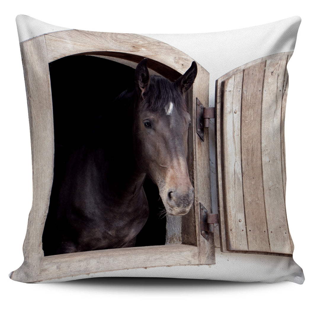 Black Horse On The Farm  Pillow Cover
