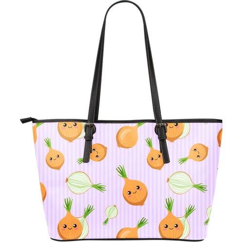 Cute Onions Smiling Faces Purple Background Large Leather Tote Bag
