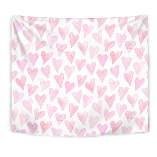 Watercolor Pink Heart Pattern Wall Tapestry
