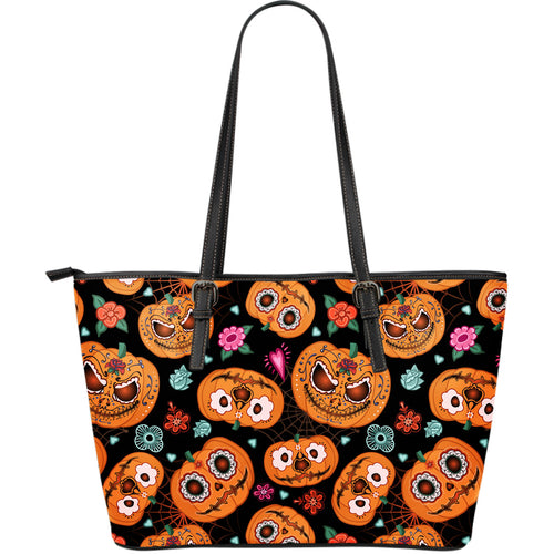 Pumpkin Flowers Spiderweb Halloween Theme Large Leather Tote Bag