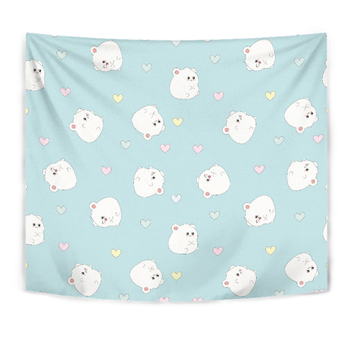 White Cute Hamsters Heart Pattern Wall Tapestry