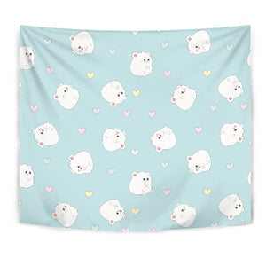 White Cute Hamsters Heart Pattern Wall Tapestry