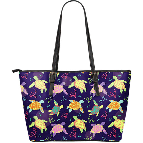 Colorful Sea Turtle Pattern Large Leather Tote Bag