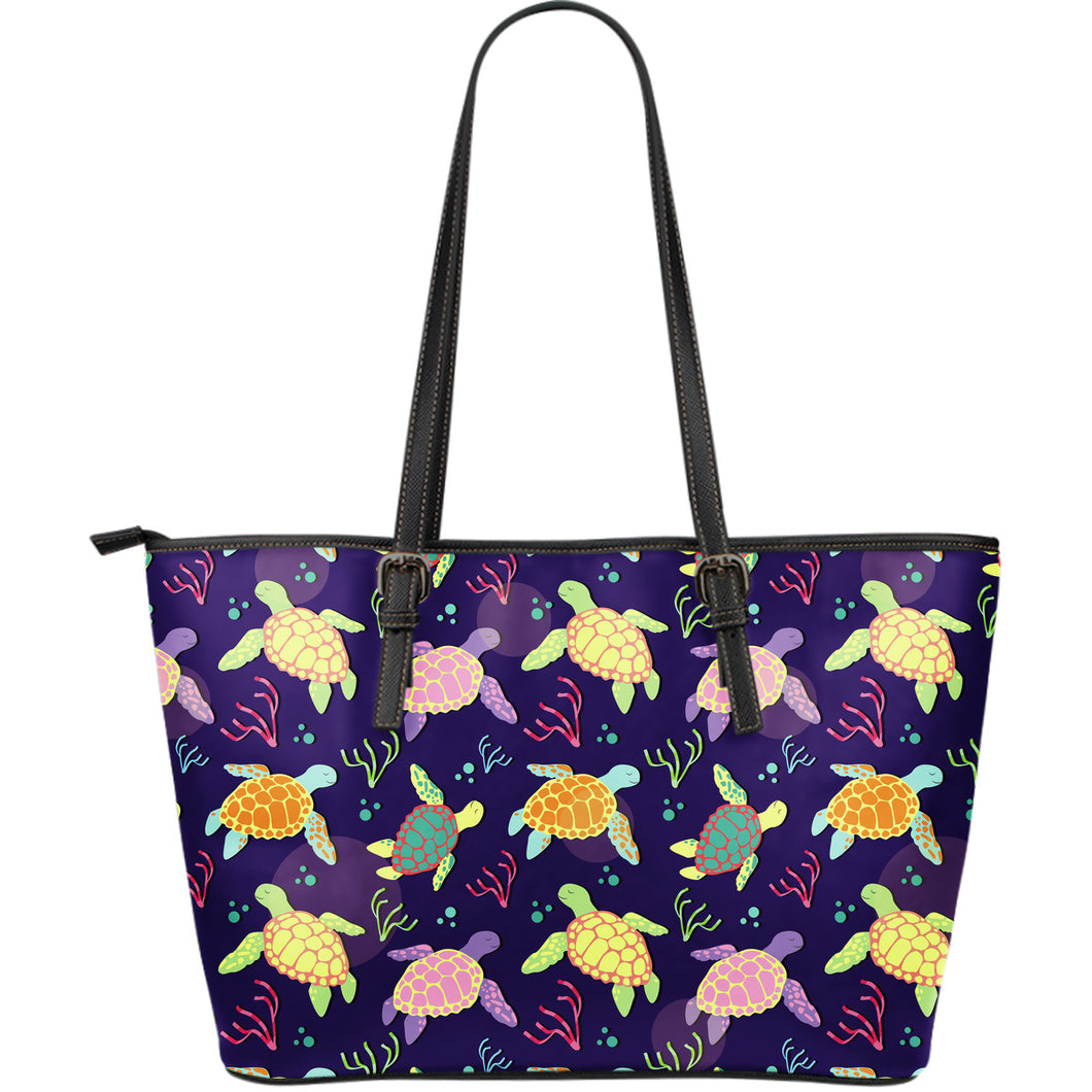 Colorful Sea Turtle Pattern Large Leather Tote Bag