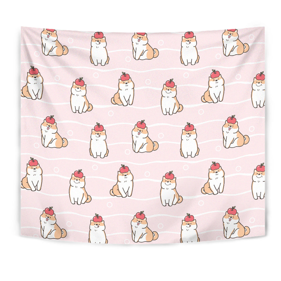 Cute Shiba Inu Dog Apple Pattern Wall Tapestry