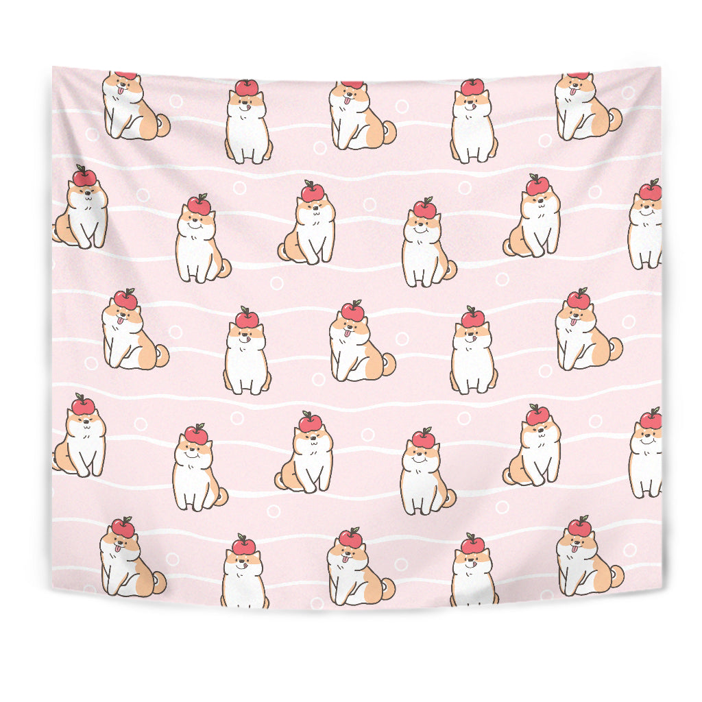 Cute Shiba Inu Dog Apple Pattern Wall Tapestry