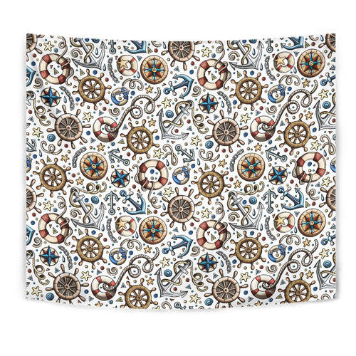 Cute Nautical Steering Wheel Anchor Pattern Wall Tapestry