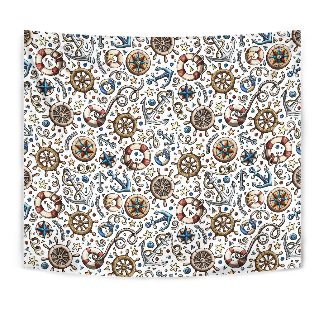 Cute Nautical Steering Wheel Anchor Pattern Wall Tapestry