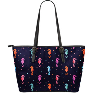 Watercolor Colorful Seahorse Pattern Large Leather Tote Bag